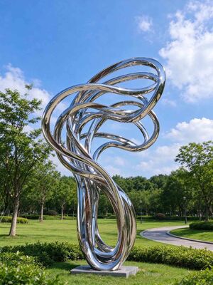 Sculpture abstraite moderne en acier inoxydable surface polie miroir décoration de jardin extérieur courbes fluides artistiques